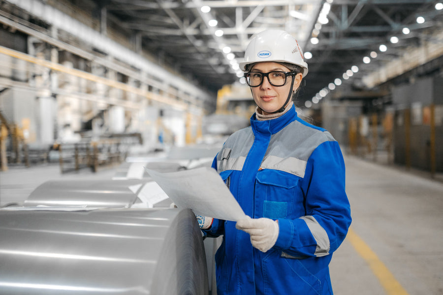 Engineer in safety gear inspecting machinery in an industrial facility