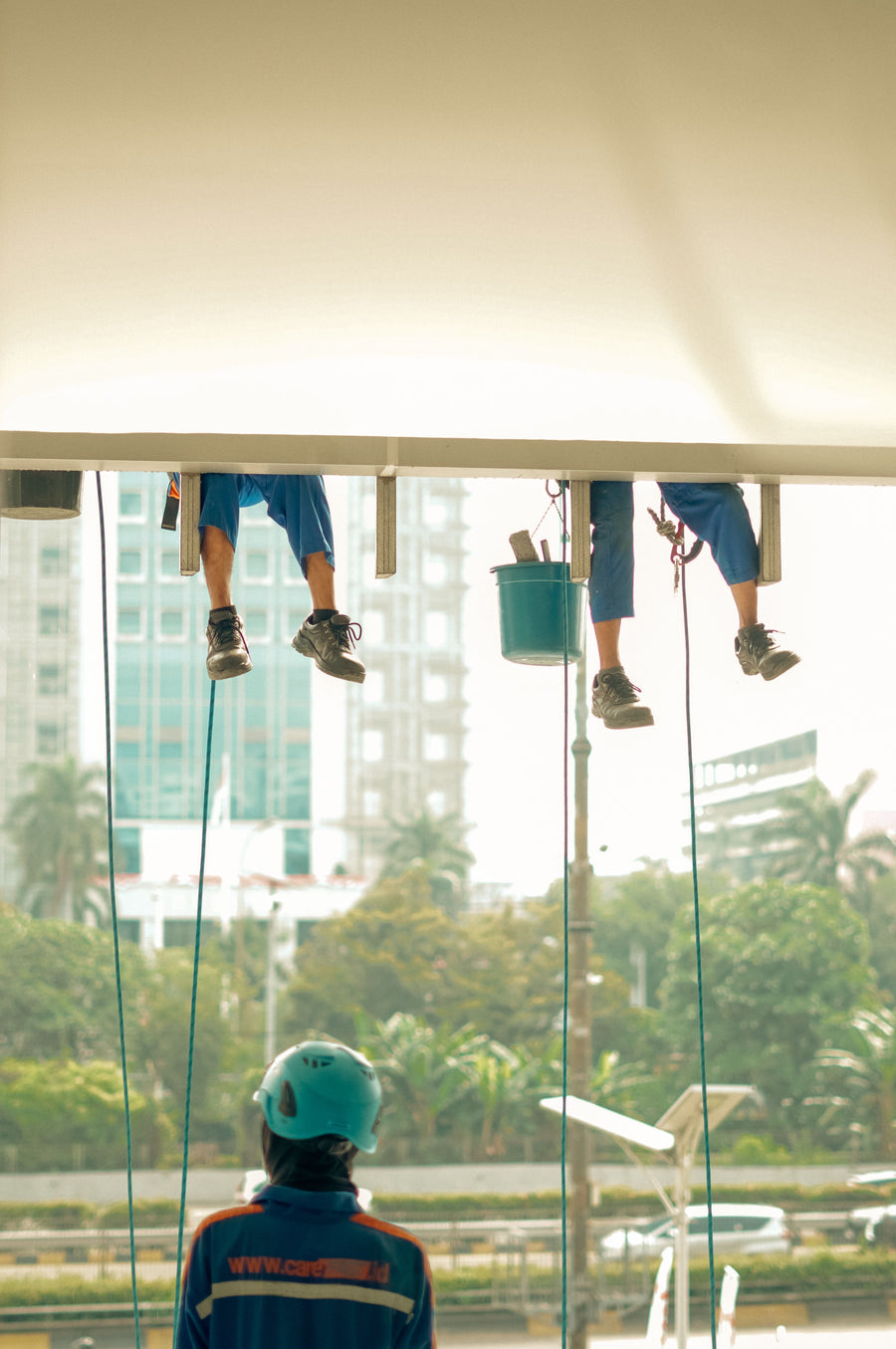 Professional window cleaners maintaining a building facade